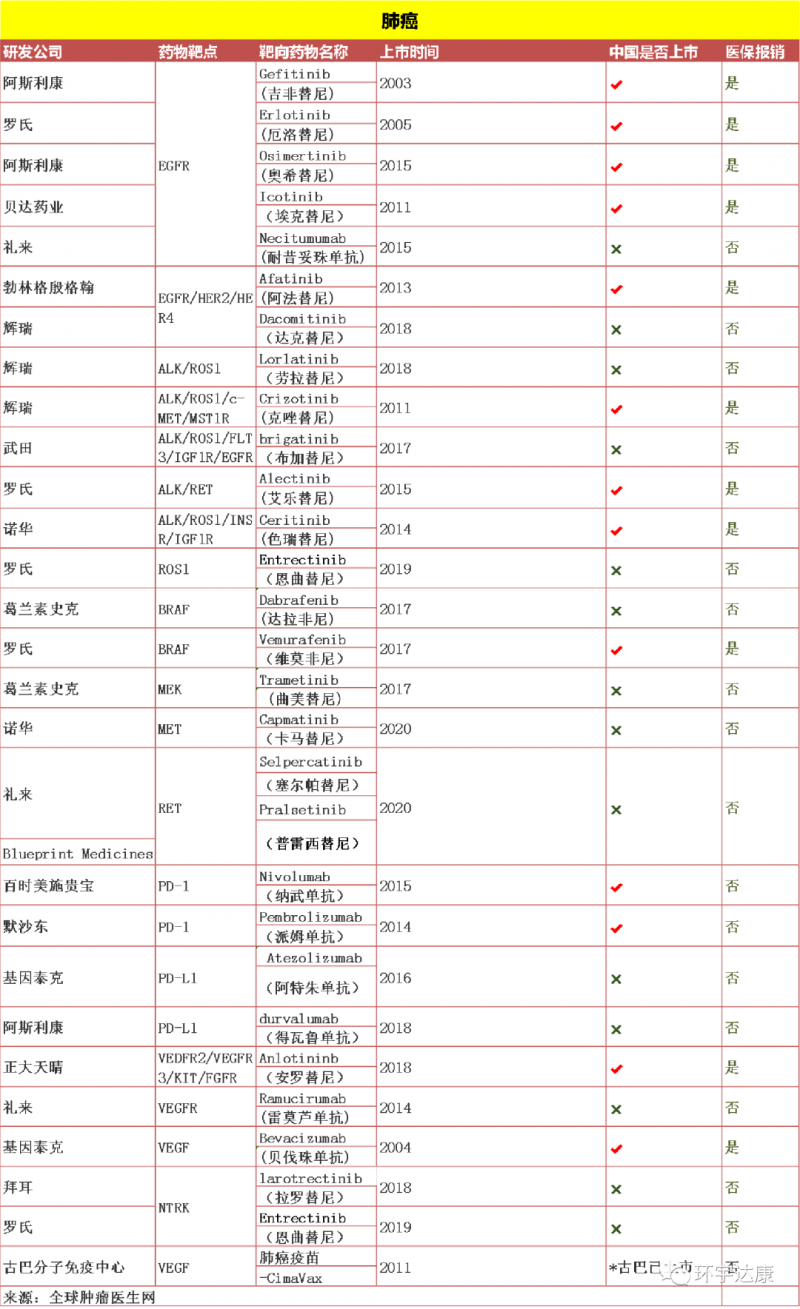 肺癌已经上市的靶向药和免疫治疗药物