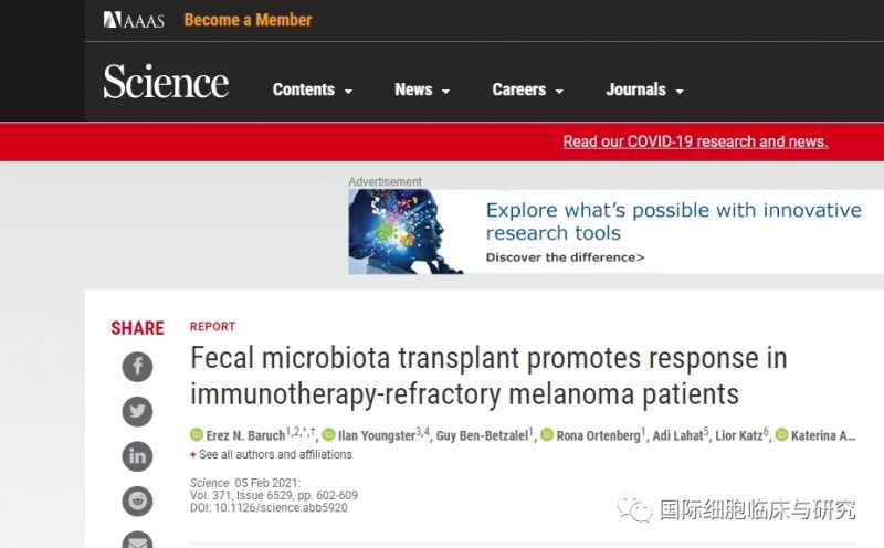 科学杂志报道粪便移植