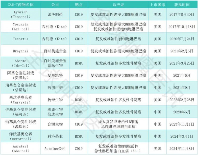 国内外已经获批上市的CAR-T产品