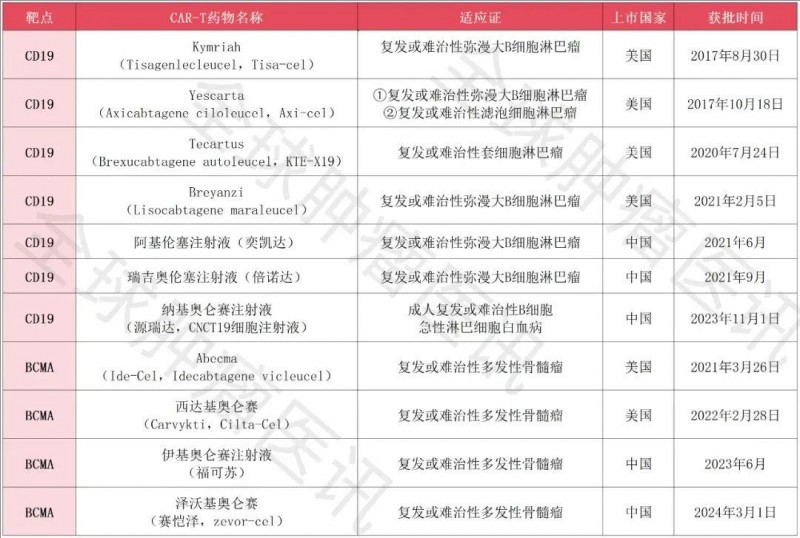 CAR-T细胞疗法获批药物全汇总